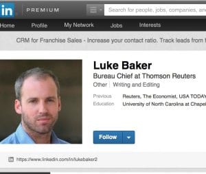 OPEN DISDAIN FOR ISRAEL?: That's the allegation against Reuters' Luke Baker. Mideast Dig will probe and analyze the issue. Baker: No comment. [screenshot: LinkedIn]